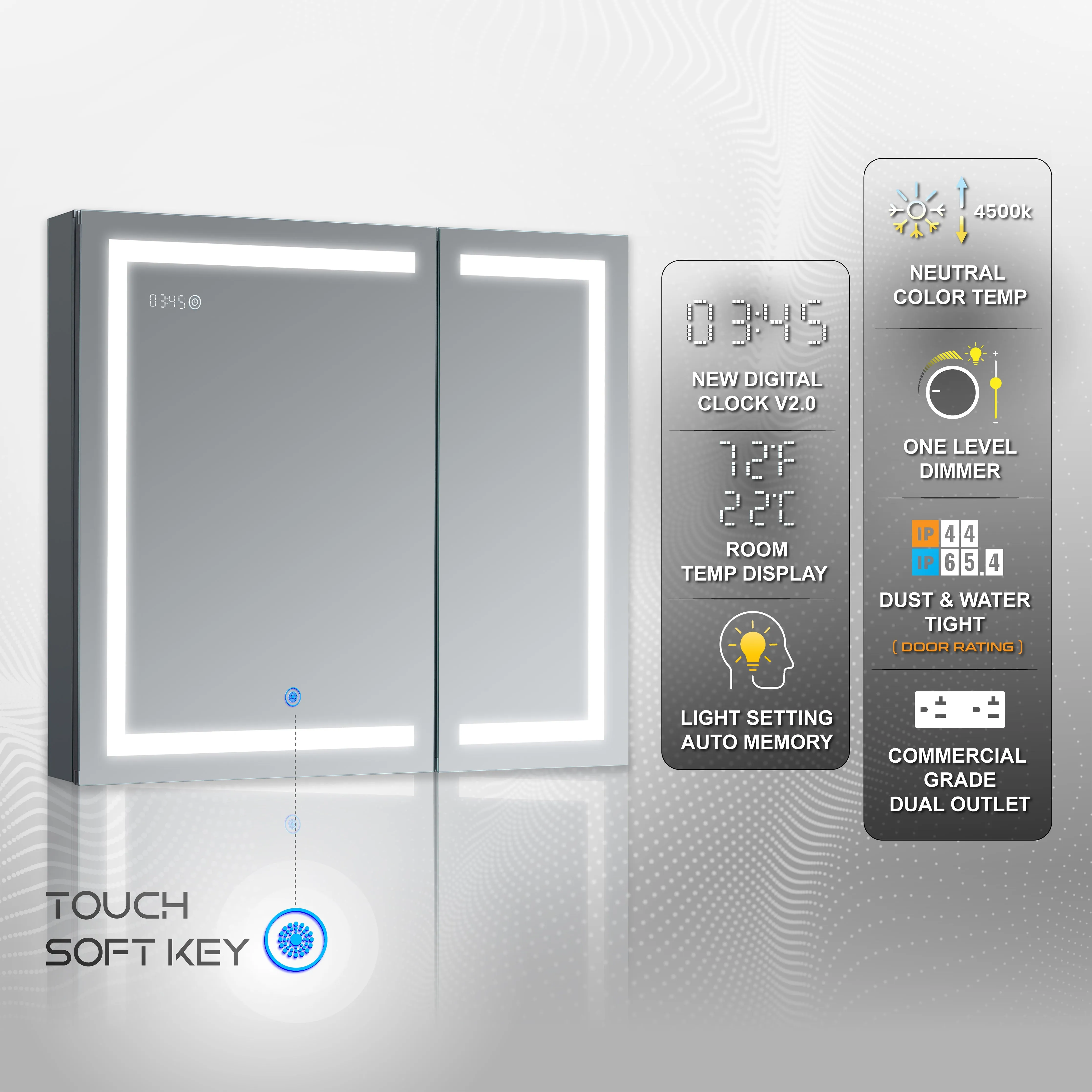 DECADOM LED Mirror Medicine Cabinet Recessed or Surface, Dimmer, Clock, Room Temp Display, Dual Outlets Duna 36x32